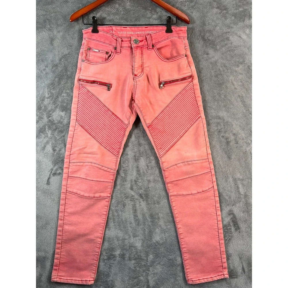 Versace V19-69 Biker Jeans Mens 30x27 Pink Stretch Faded Distressed - Picture 1 of 14
